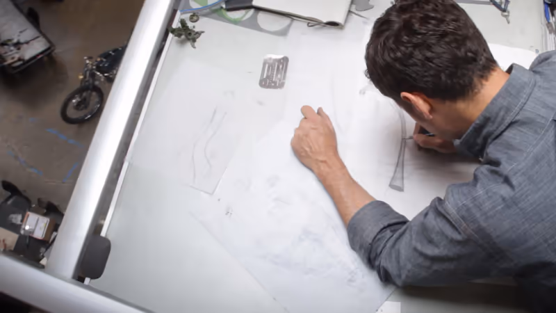 Ian Barry drafting a Falcon motorcycle at a large table in his Los Angeles studio, seen from above