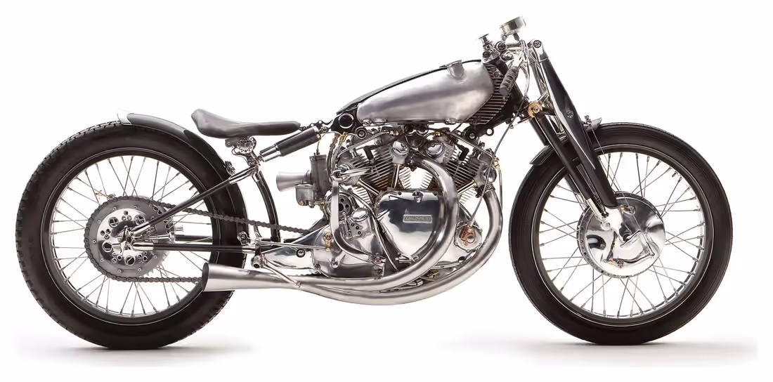 The Black, a dark custom Vincent Black Shadow motorcycle by Falcon, side view