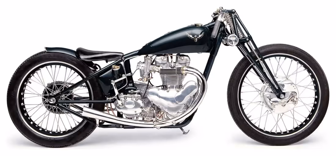 The Kestrel, a deep blue custom Triumph Bonneville motorcycle by Falcon, side view