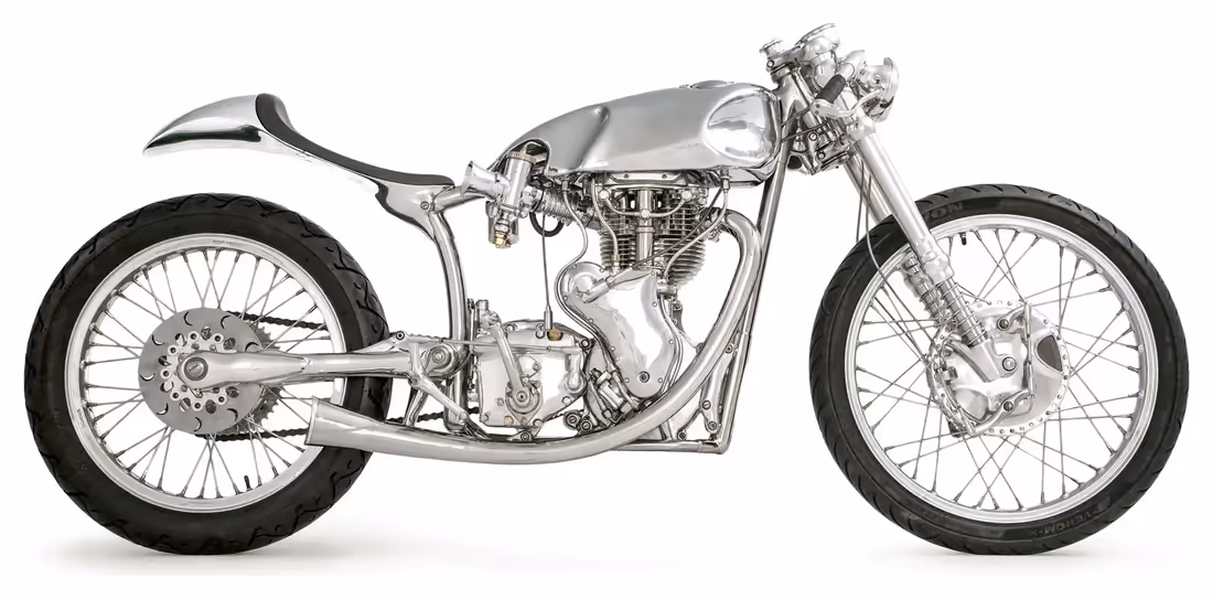 The White, a polished silver custom Velocette Venom motorcycle by Falcon, side view